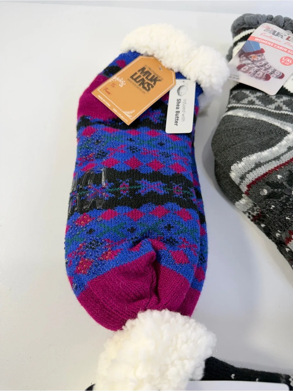 3 pr Muk Luks Cozy Fleece-Lined Cabin Socks Blue Purple Gray Black Sz L/XL 8-10